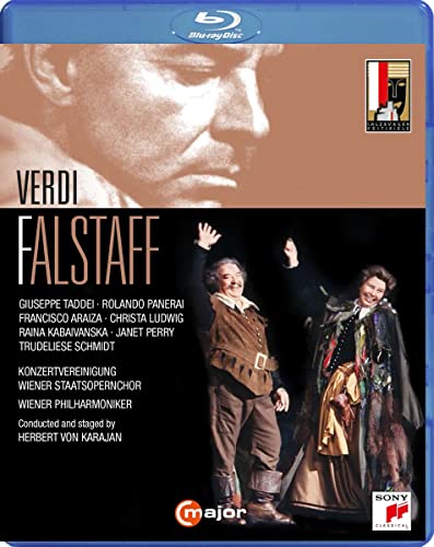 Blu-ray cover for Verdi's Falstaff featuring a close-up portrait and a scene from opera.