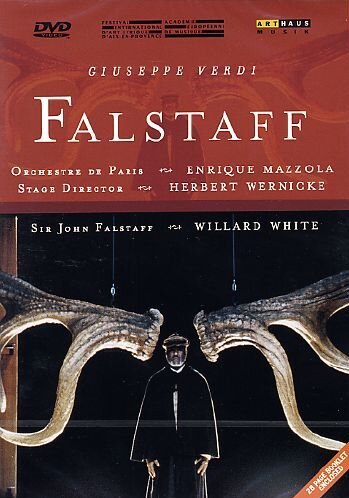 DVD cover for Verdi’s “Falstaff” opera, featuring a man with antlers.