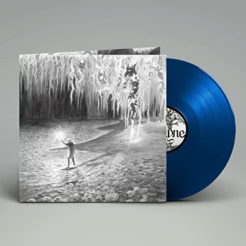Vinyl record album cover with black and white illustration next to blue vinyl disc.