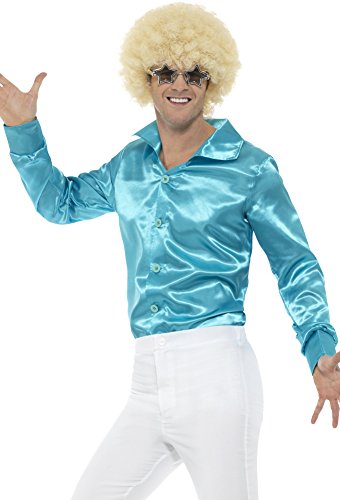 Man in a turquoise satin shirt, white pants, afro wig, and sunglasses.