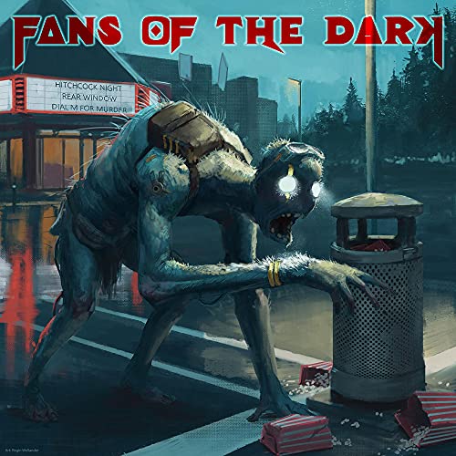 CD cover: monstrous figure near a movie theater, dark and gritty style.