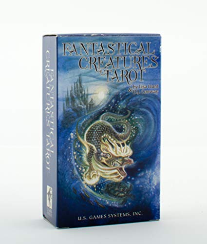 Blue tarot box with a golden dragon and castle illustration.