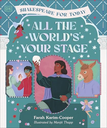 Book cover: “All the World’s Your Stage” with illustrated Shakespearean scenes.