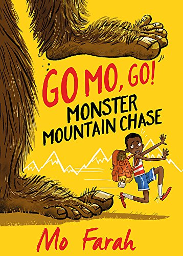 Boy running from a large, furry monster near mountains.