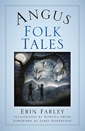 Book cover: "Angus Folk Tales" with illustration of two children and wolves.