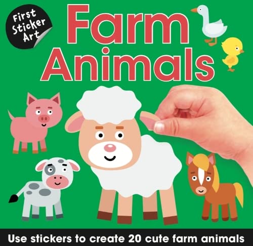 Colorful sticker art book featuring a pig, sheep, cow, duck, and horse.