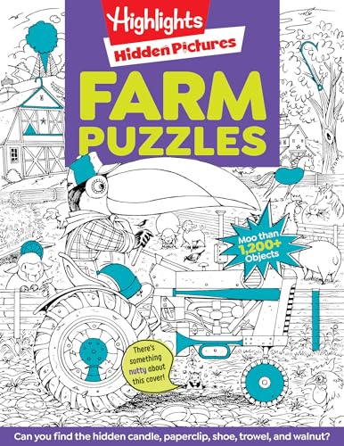 Black and white farm scene with hidden objects puzzle book cover.