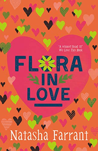 Book cover with pink heart, floral design, and title “Flora in Love.”