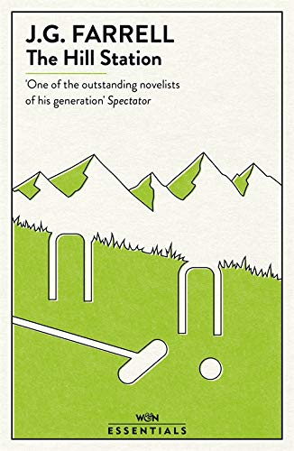 Book cover: "The Hill Station" by J.G. Farrell, with green mountain illustration.