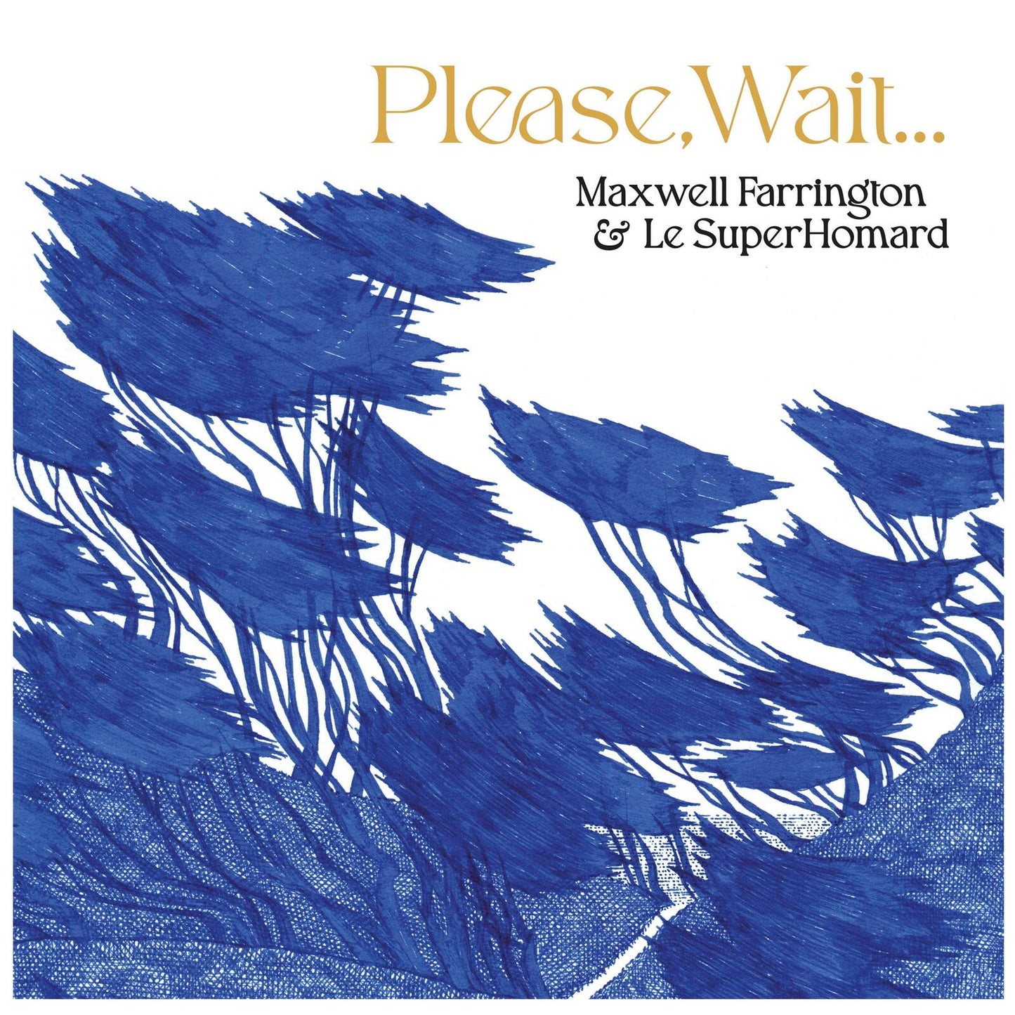 CD cover: blue trees illustration, text āPlease Waitā¦ā and artist names.