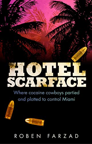 BookCocaine Cowboys book cover with palm tree silhouettes, bullets, and a pink sky.