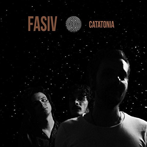 Black and white album cover featuring three figures and starry background.