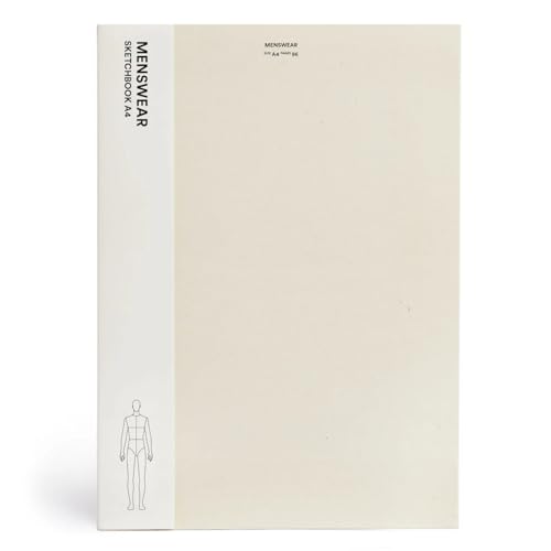 Cream-colored A4 Fashionary menswear sketchbook with a white side spine featuring a male figure.