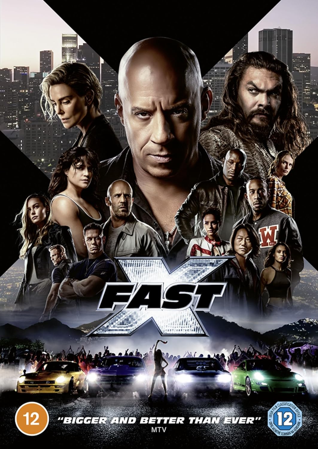 Fast X" DVD cover featuring Vin Diesel and ensemble cast, city backdrop.