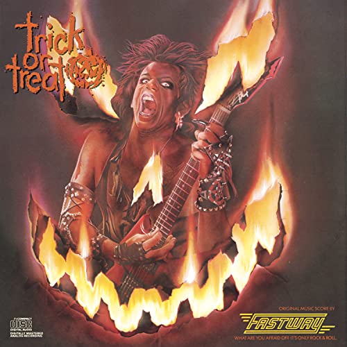CD cover for Fastway’s “Trick Or Treat” featuring a guitarist in flames.
