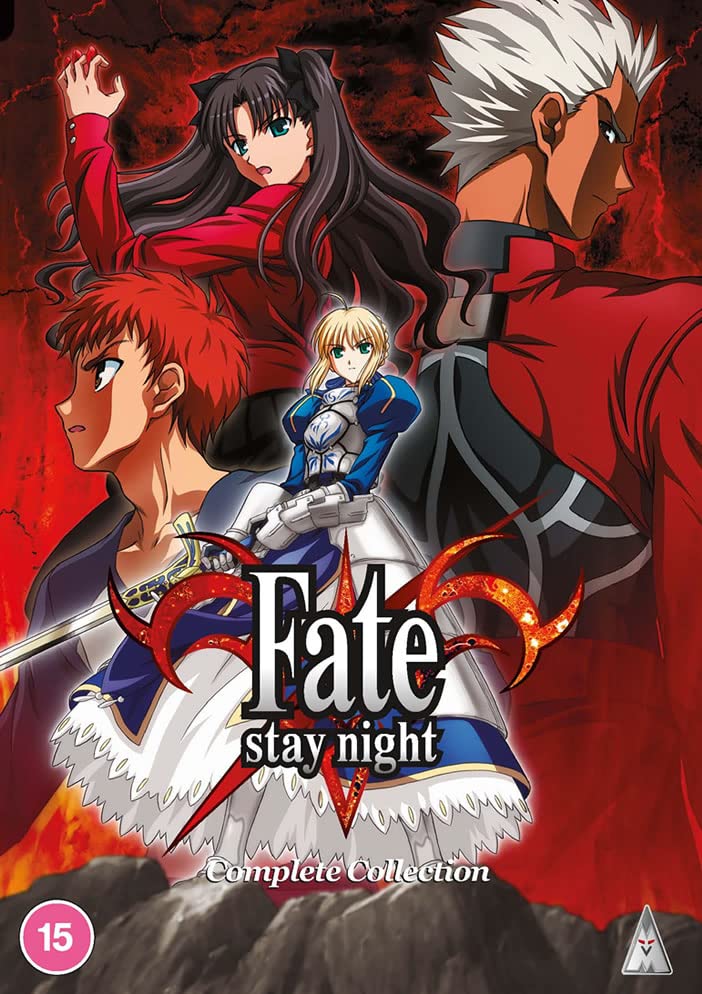Anime characters Rin, Archer, Shirou, and Saber on a red background with title text.