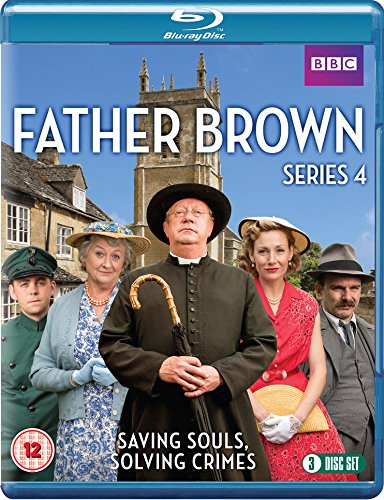 Blu-ray cover of "Father Brown - Series 4" featuring main characters in period costumes.