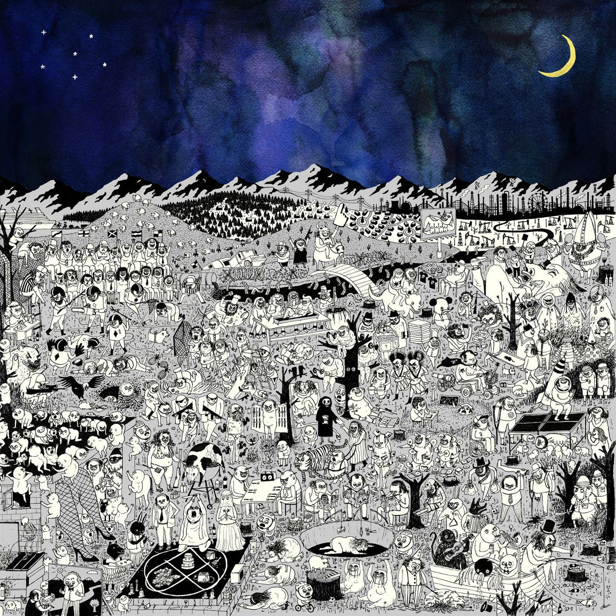 Detailed black and white illustration of a chaotic, crowded landscape under a night sky.