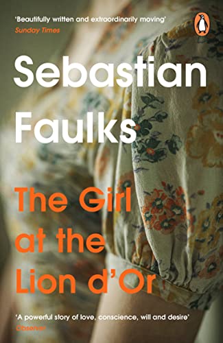 Book cover: floral dress detail and title “The Girl at the Lion d’Or”.