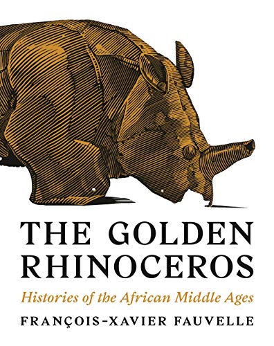 Golden rhinoceros illustration on book cover, with title and author name.