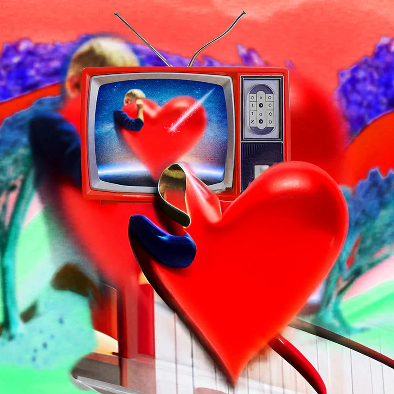Red heart-shaped television displaying figures in space, abstract background.