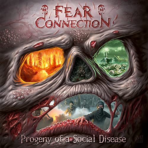 CD cover: grotesque face with eyeholes showing fiery and ruined landscapes.