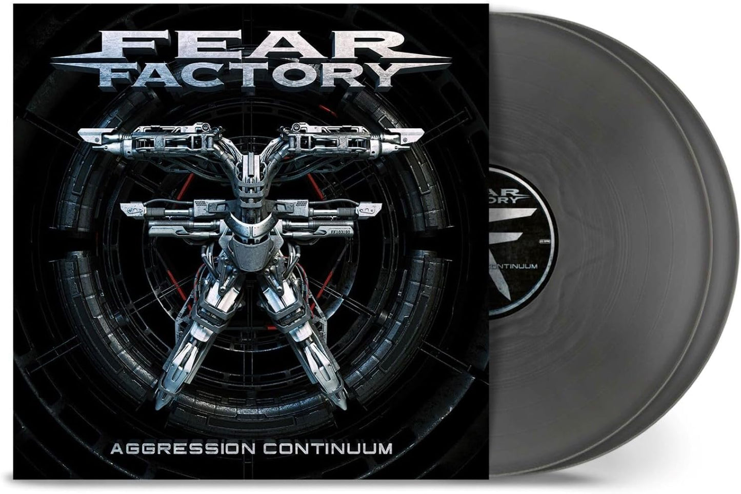 Fear Factory Aggression Continuum album cover art and a grey vinyl record.