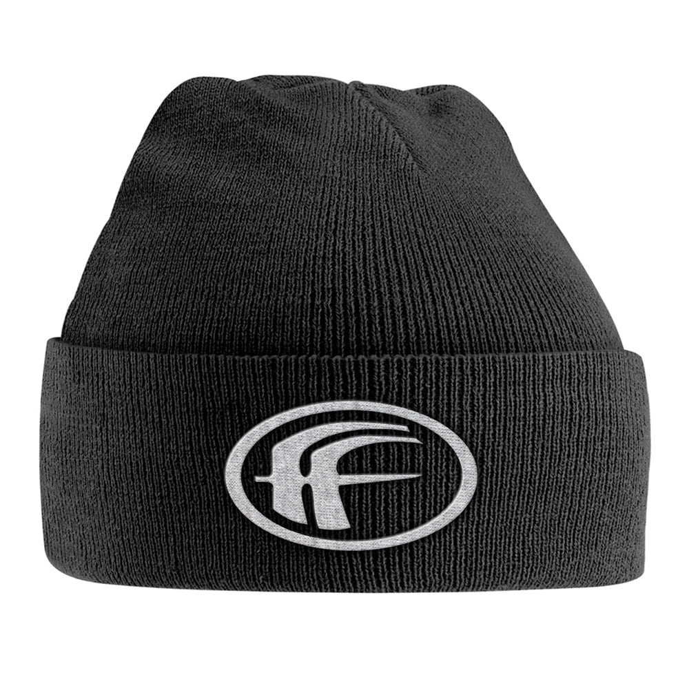 Black knit beanie with a silver Fear Factory logo on the front.