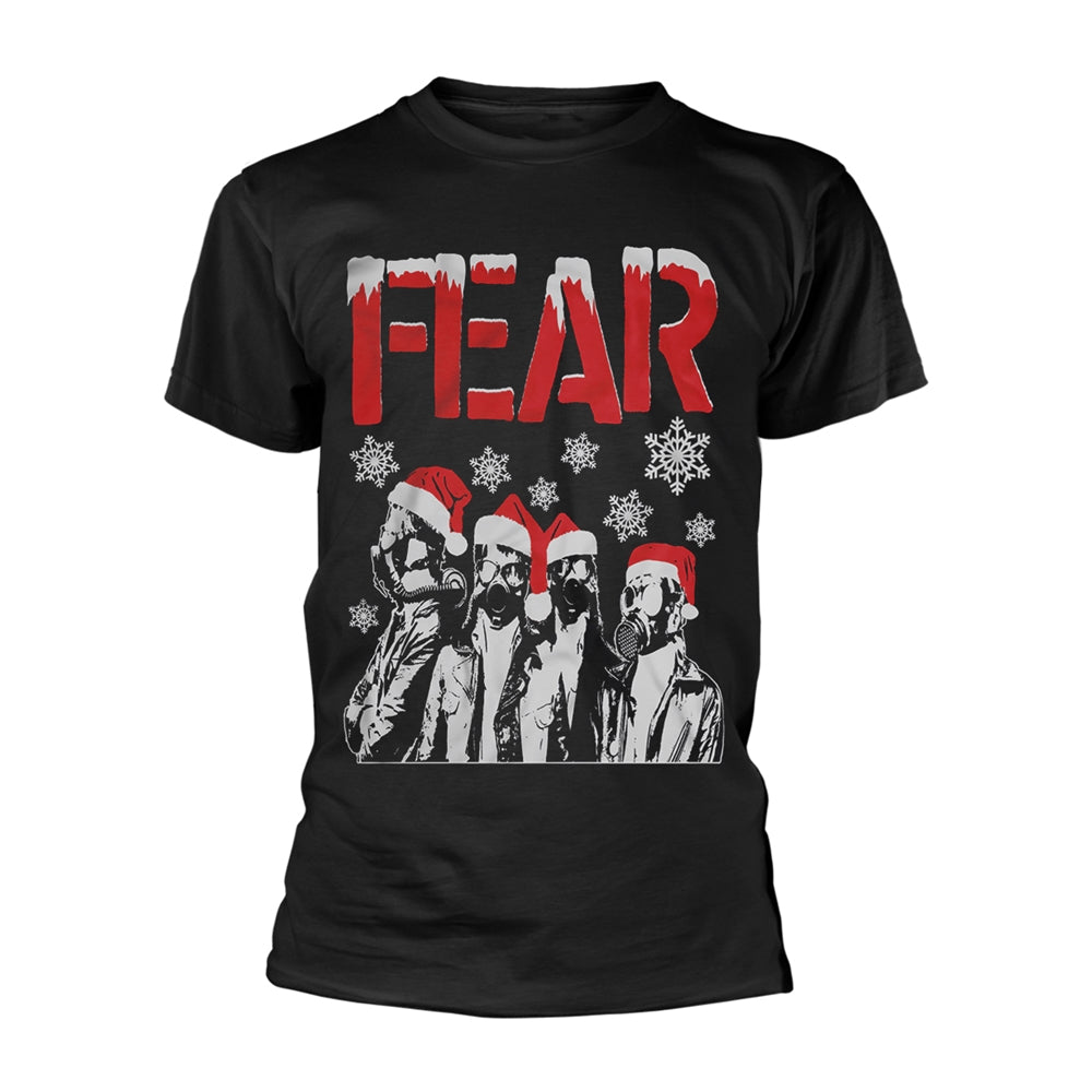 Black t-shirt with "FEAR" text and illustration of gas mask-wearing Santas.