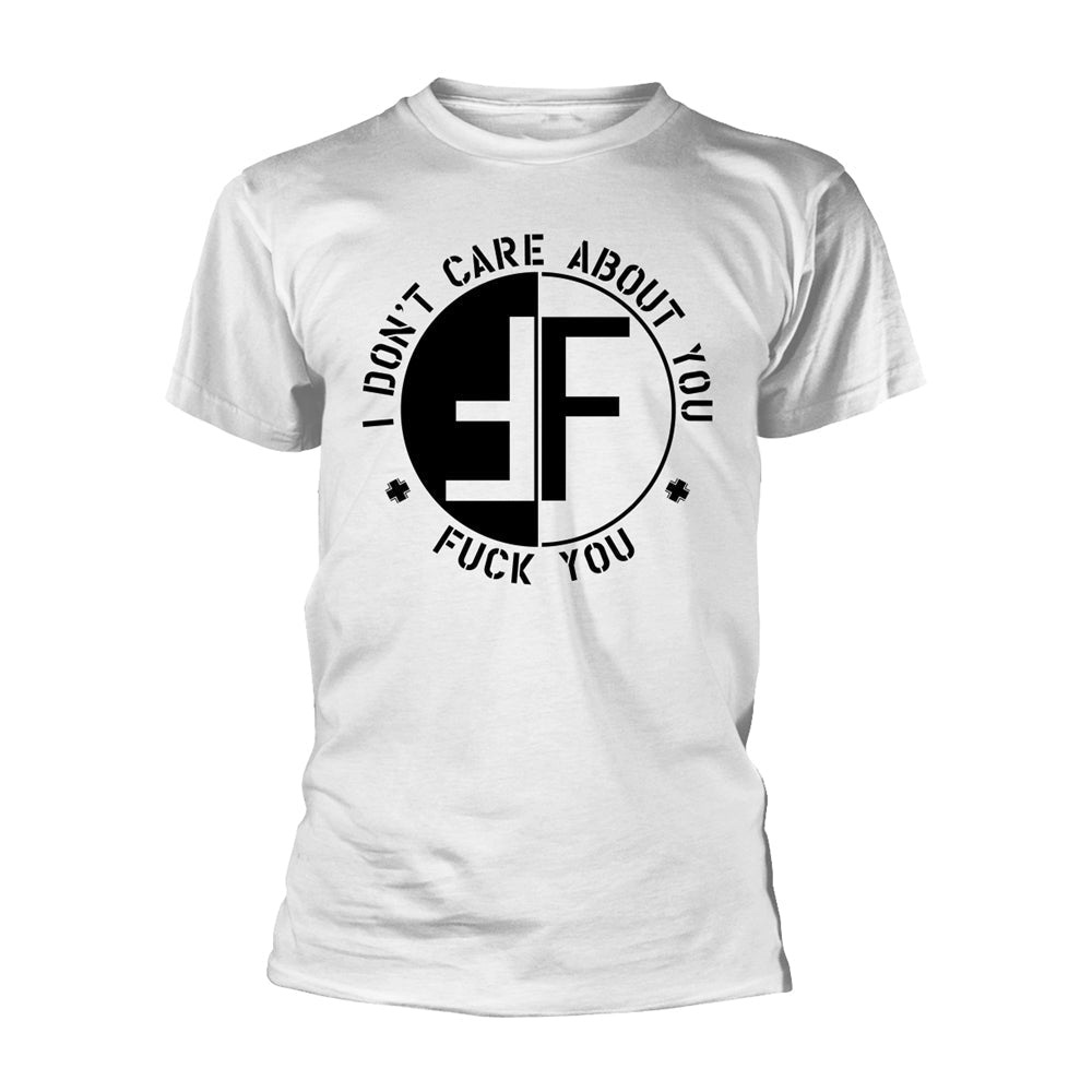 White t-shirt with black and white circular graphic, text reads "I DON'T CARE ABOUT YOU".