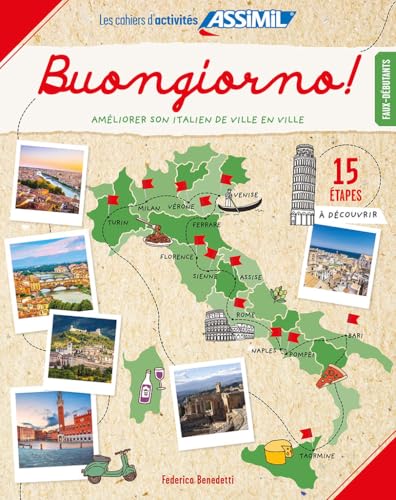 Italian language activity book cover with map of Italy and city photos.