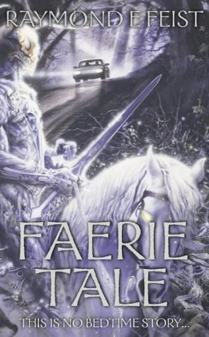 A knight on a white horse stands before a car on a dark road.