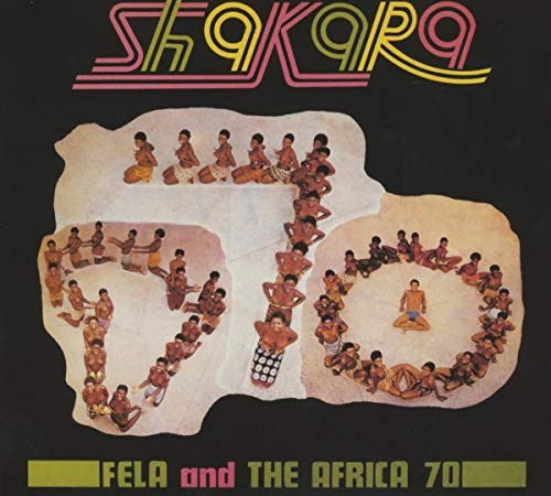 Fela Kuti album cover: people forming letters and shapes on beige background.
