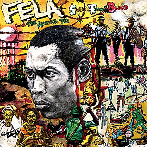 Album cover art featuring a portrait of Fela Kuti surrounded by scenes of conflict.