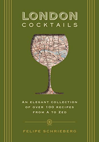 Green book cover with a cocktail glass filled with a London map.