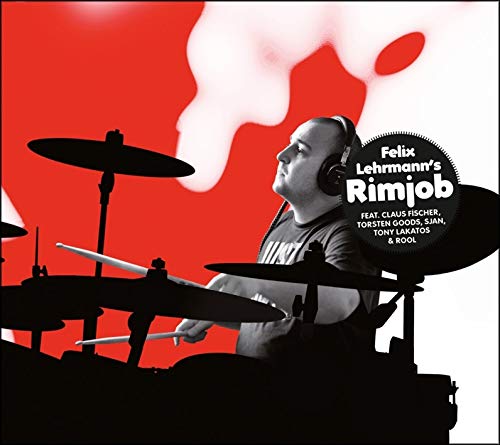 Drummer with headphones silhouetted against a red background with abstract shapes.