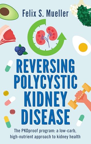 Book cover titled Reversing Polycystic Kidney Disease with illustrations of food, kidneys, and pills.