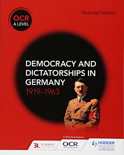 Red textbook cover featuring Hitler and text: "Democracy and Dictatorships in Germany.