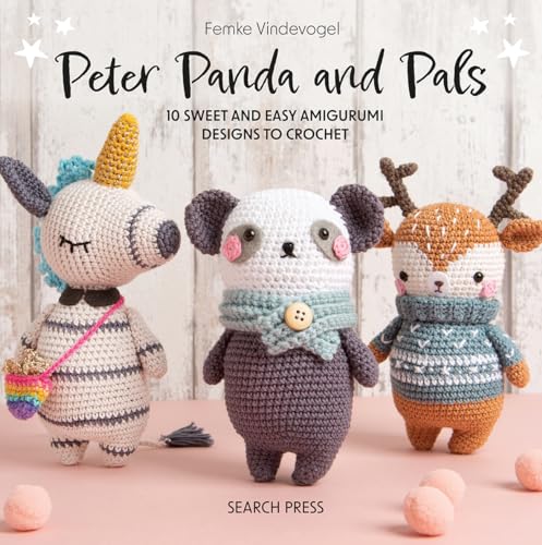 Crocheted unicorn, panda, and deer dolls featured on a book cover.