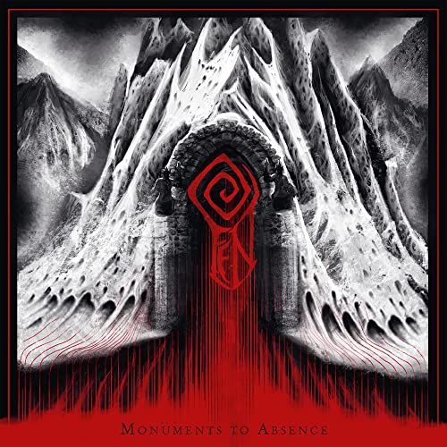 Dark mountain landscape with a red, spiraled archway and album title.