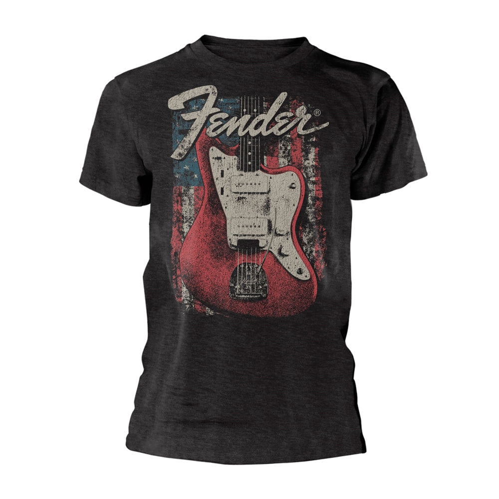 Grey Fender t-shirt with a red and blue guitar graphic.