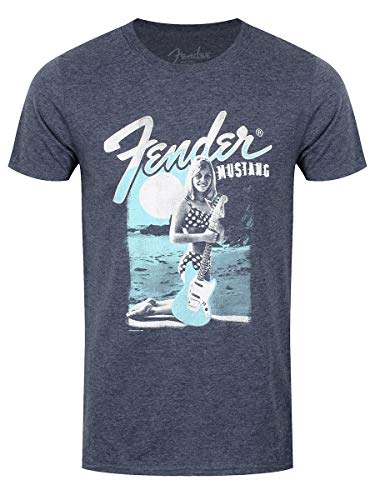 Blue Fender Mustang t-shirt with vintage graphic of a woman and guitar.