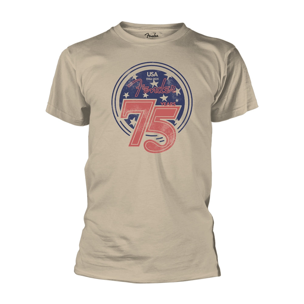 Tan t-shirt with a red, white, and blue "75 Years" Fender graphic.