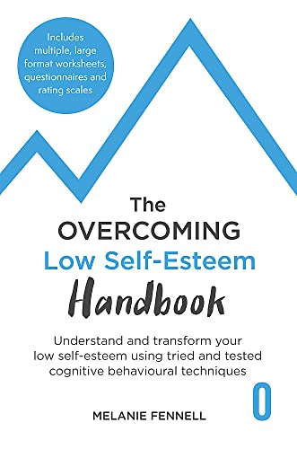 Book cover for The Overcoming Low Self-esteem Handbook by Melanie Fennell with mountain graphic.
