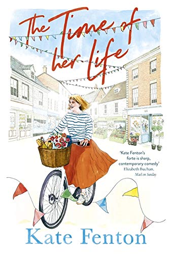Book cover: woman on a bicycle with flowers and fruit, village background.