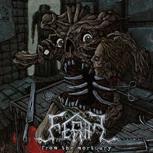 Horror album cover depicting a grotesque, decaying figure in a tiled room.