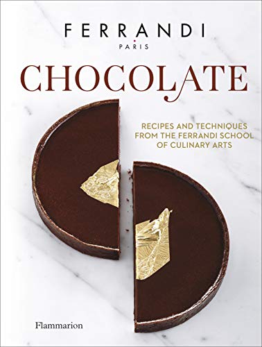Book cover titled Chocolate featuring two halves of a chocolate tart with gold leaf.