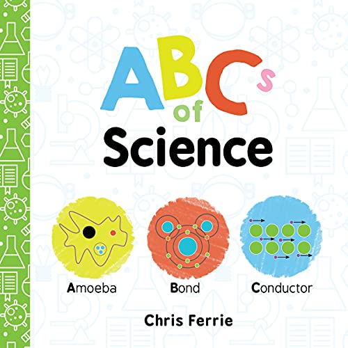 Book cover with colorful letters, science icons, and illustrations of cells.