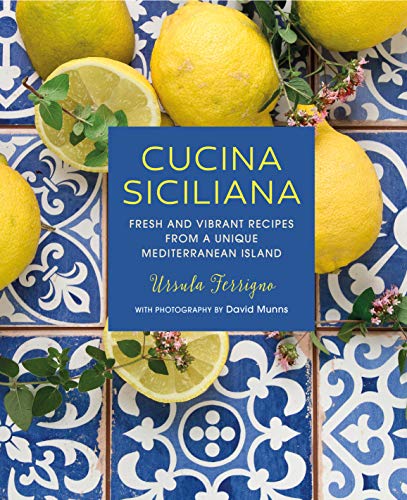 Cookbook cover with lemons, blue tiles, and white text: “Cucina Siciliana”.