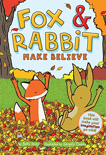 Book cover featuring a fox and rabbit playing in autumn leaves.